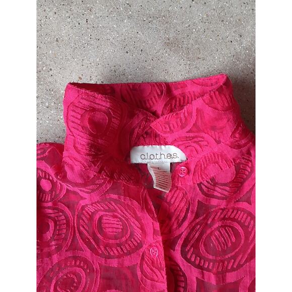 C.l.o.t.h.e.s. Blouse Red Size L Womens Long Sleeve Sheer Collared Burn Out - Picture 5 of 13